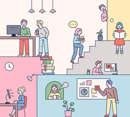 Poster - students who study in a fun space. space structure with stairs and characters arranged in several pl