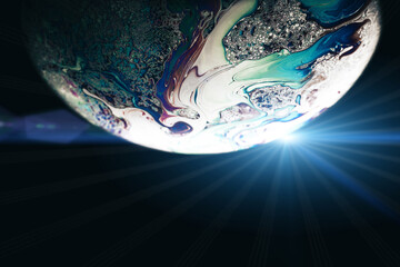 Wall Mural - bubble color. globe planet earth in galaxy universe space with abstract sun on black background. col