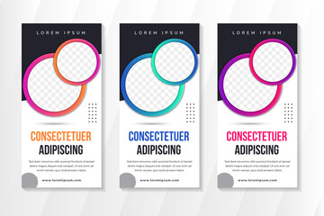 Poster - set of Abstract vertical banner design template use modern with circle shapes for space of photo collage. Combination green, blue, yellow gradient on elements and dark blue and white on background.