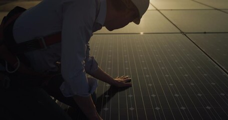 Wall Mural - cinematic shot of assistance technical worker in uniform checking operation and efficiency of photov