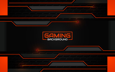 Fototapete - Abstract futuristic geometric black and orange gaming background with modern esport shapes. Vector design template technology concept can use element game banner, sport poster, cyber wallpaper, web