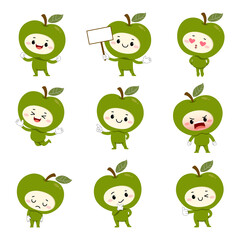 Wall Mural - Set of cute green apple cartoon characters with various activities and emotions