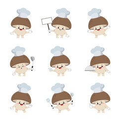 Wall Mural - Set of cute mushroom chef cartoon characters with various activities.