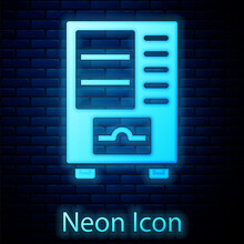 Glowing Neon Vending Machine Of Food And Beverage Automatic Selling Icon Isolated On Brick Wall Background. Vector