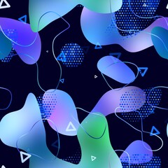 Wall Mural - Seamless vibrant lava lamp liquid pattern design for print. High quality illustration. Trendy minimal blob flow gradient design on dark navy blue background. Scattered geometric shape overlay.