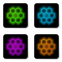 Sticker - Glowing neon line Honeycomb icon isolated on white background. Honey cells symbol. Sweet natural food. Black square button. Vector