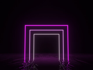 3D rendering. Purple geometric neon light frame.