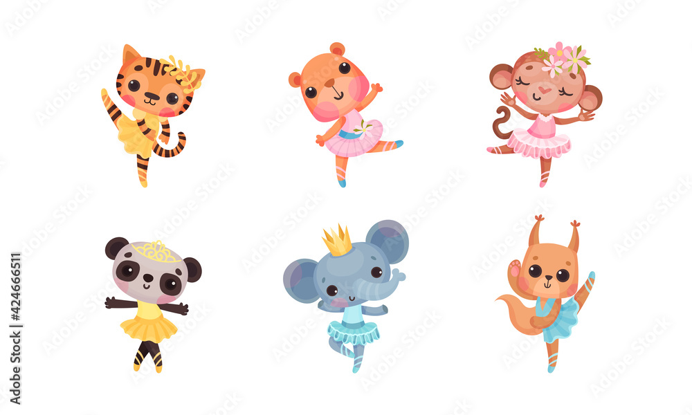Cute Mammals with Panda and Elephant in Ballerina Dress and Crown on Head Dancing Vector Set - obrazy, fototapety, plakaty 