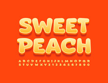 Vector Orange Sign Sweet Peach. Cute Bright Font. 3D Comic Style Set Of Alphabet Letters And Numbers
