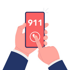 Poster - call 911, emergency call concept. hand holding smartphone, finger touching call button. vector illus