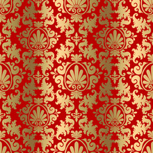 Damask Gold Pattern In Vector On A Red Background. Indian, Turkish, Arabic Motives 
