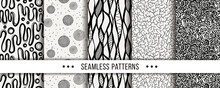 Cute Collection Of Doodle Hipster Seamless Patterns. Ornament Set For Your Design, Wallpaper, Background, Fabric Textile