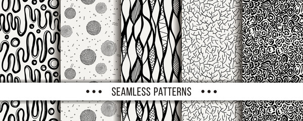 Cute collection of doodle hipster seamless patterns. Ornament set for your design, wallpaper, background, fabric textile