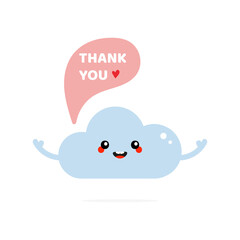 Cute smiling cartoon style blue cloud character with speech bubble saying thank you, showing appreciation.
