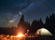 © anatoliy_gleb - Girl is sitting by the fire on background of tent and spruce forest under starry sky on which milky way is visible