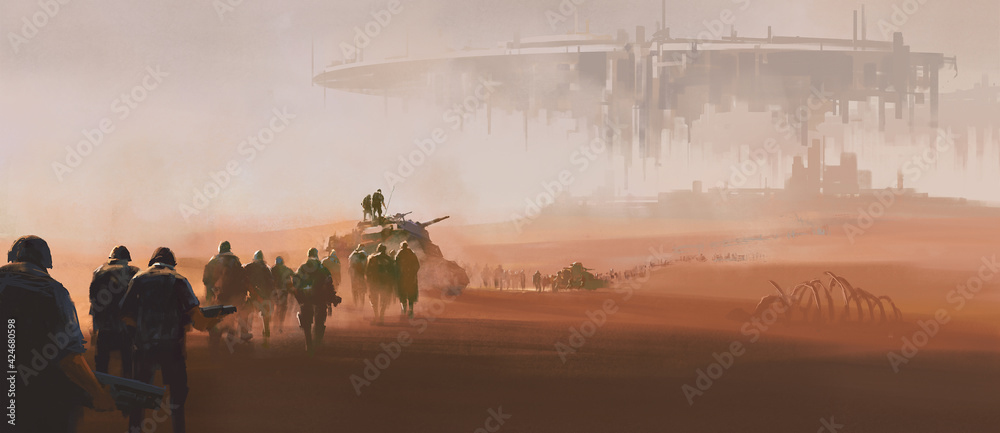 A group of armed forces walking in the desert. In the distance is a huge alien mothership floating in the air. 3D illustrations and digital paintings. - obrazy, fototapety, plakaty 