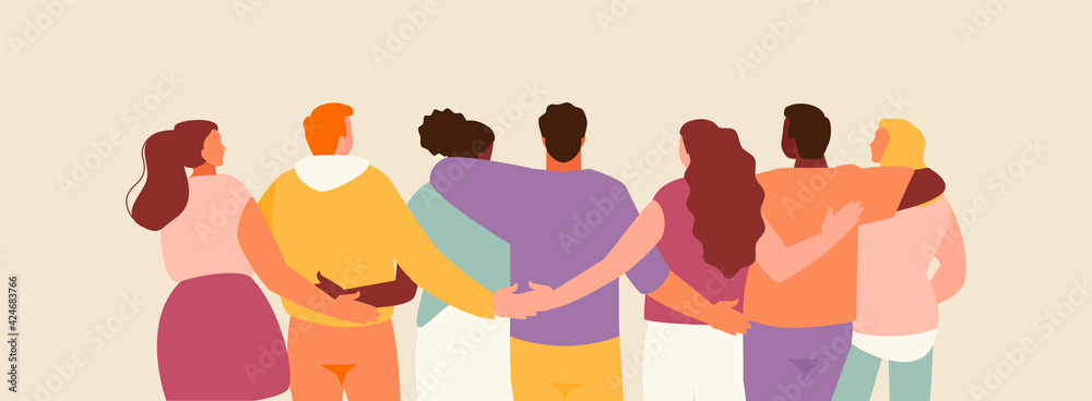 Group of hugging friends rear view. Friendship and support vector illustration - obrazy, fototapety, plakaty 