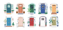 Set Of Different House Entrances, Porches And Closed Doors. Entries To Apartments With Potted Plants, Mats, Lamps And Letterboxes. Colored Flat Vector Illustration Isolated On White Background