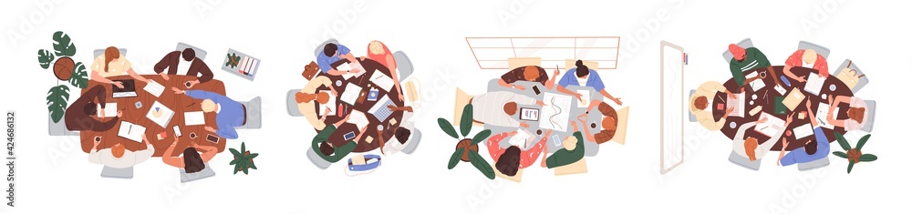 Top view of teams working together at conference tables. Set of people during brainstorming, work or education process, sitting around desks. Colored flat vector illustration isolated on white - obrazy, fototapety, plakaty 