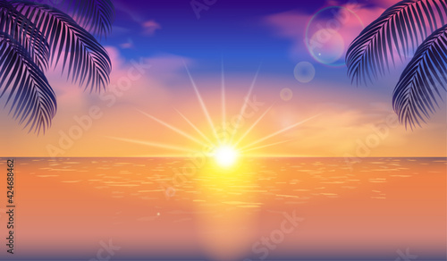 夕方の海と太陽とシルエットの椰子の木のベクターイラスト背景 風景 横 Background Canvas Print Backgrou Honyojima