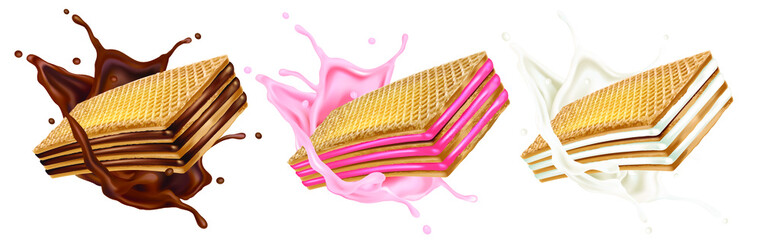 Poster - Wafers Chocolate, Strawberry, Milky cream in the middle on white background. Realistic vector in 3D illustration.