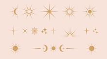 Vector Set Of Linear Icons And Symbols - Stars, Moon, Sun -  Abstract Design Elements For Decoration Or Logo Design Templates In Modern Minimalist Style
