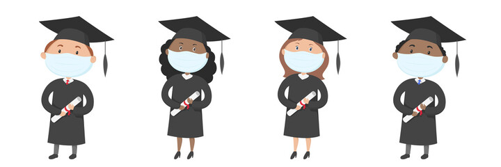 Wall Mural - Set of graduate students in face masks. Vector illustration.