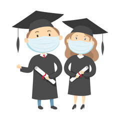 Wall Mural - Graduate students in masks hold diplomas. Cartoon. Vector illustration.