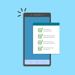 Poster - Mobile phone and checklist, flat cartoon smartphone with paper document and to do list checkboxes, concept of survey
