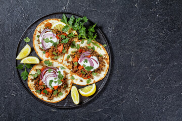 ground Lamb Flatbreads with yogurt, top view