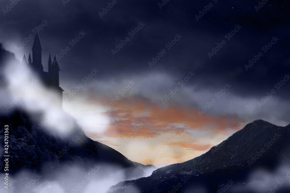 Fantasy world. Mystical castle and mountains covering with fog in night - obrazy, fototapety, plakaty 