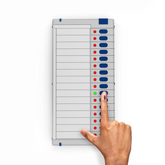 Electronic Voting Machine, EVM with male hand voting sign pressing button casting vote Indian election 3D illustration