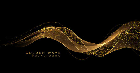 Aufkleber - Abstract Gold Waves. Shiny golden moving lines design element with glitter effect on dark background for greeting card and disqount voucher.