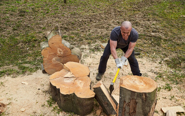 Wall Mural - Strong woodman splitting logs