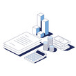 Economics, finance documents, calculations and analytics. Vector 3d line isometric, web icons, blue color. Creative design idea for infographics.