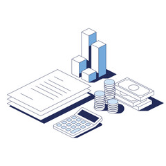 Economics, finance documents, calculations and analytics. Vector 3d line isometric, web icons, blue color. Creative design idea for infographics.