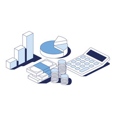 Graphs, money, calculator, stroke illustration. Vector 3d line isometric, web icons, blue color. Creative design idea for infographics.