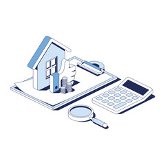 Real estate, contract documentation, calculator, coins like thumbs up, magnifier. Vector 3d line isometric, web icons, blue color. Creative design idea for infographics.