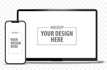 Laptop Computer And Mobile Phone Mockup. Digital Devices Screen Template Vector Illustration With Transparent Background.