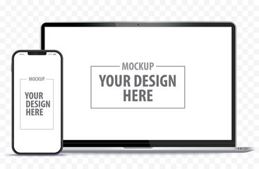 laptop computer and mobile phone mockup. digital devices screen template vector illustration with tr