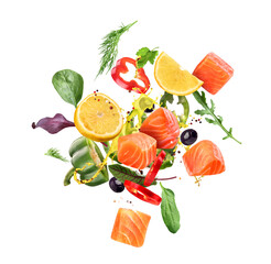 Wall Mural - Pieces of red fish with greens and lemon in the air on a white background