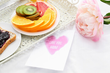 Canvas Print - Tasty breakfast for mother on bed