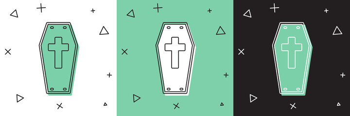 Set Coffin with christian cross icon isolated on white and green, black background. Happy Halloween party. Vector