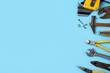 © RomixImage - Top view design concept of Father's day with working tools on blue background.