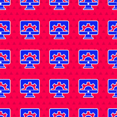 Blue Software, web development, programming concept icon isolated seamless pattern on red background. Programming language and program code on screen monitor. Vector