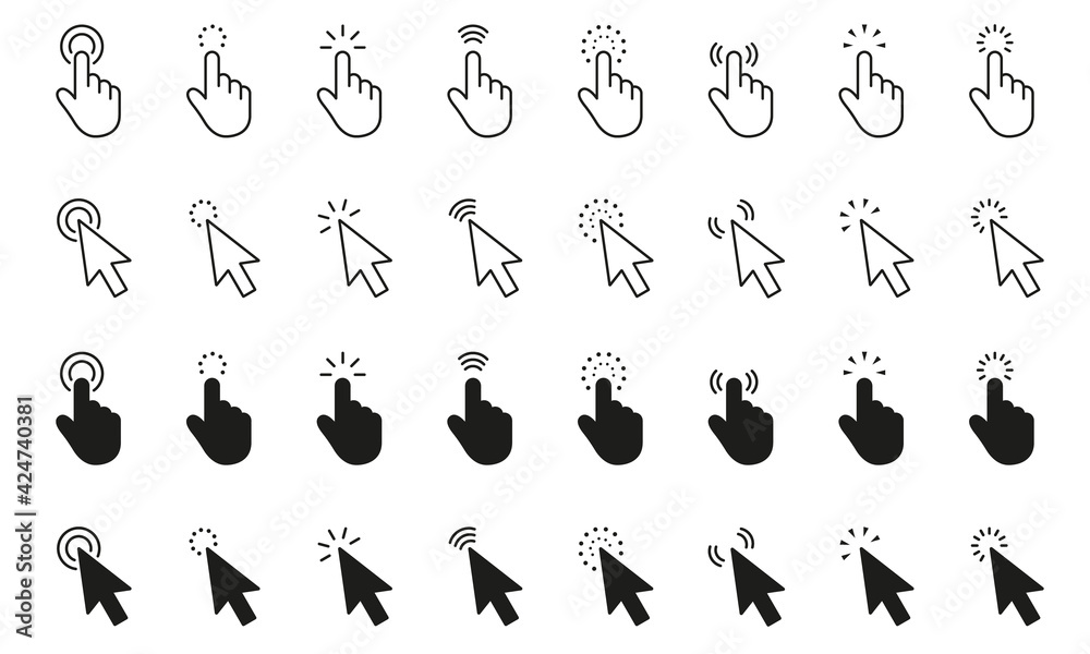 Mouse click cursor set. Click icon. Mouse pointer set. Arrow and hand ...