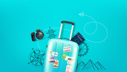 Poster - Travel illustration with travel staff and copy space