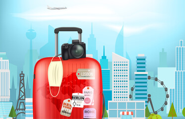 Poster - Vacation on pandemic. Concept with color plastic suitcase and protection mask in a city. Vector banner