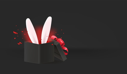 Poster - Happy Easter Holiday card with hare ears. Surprize. 3D style vector Easter banner