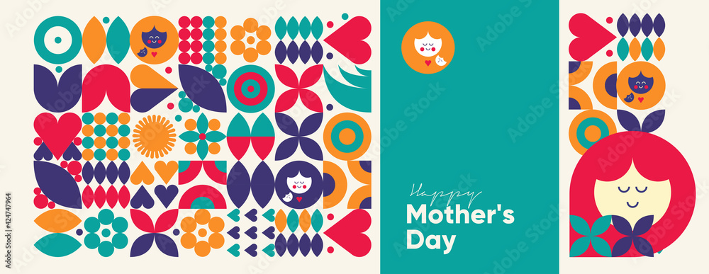 Mom's day. Women's Day. Vector flat illustration. Abstract backgrounds, patterns about mothers day. Hearts, abstract geometric shapes. Perfect for poster, label, banner, invitation. - obrazy, fototapety, plakaty 